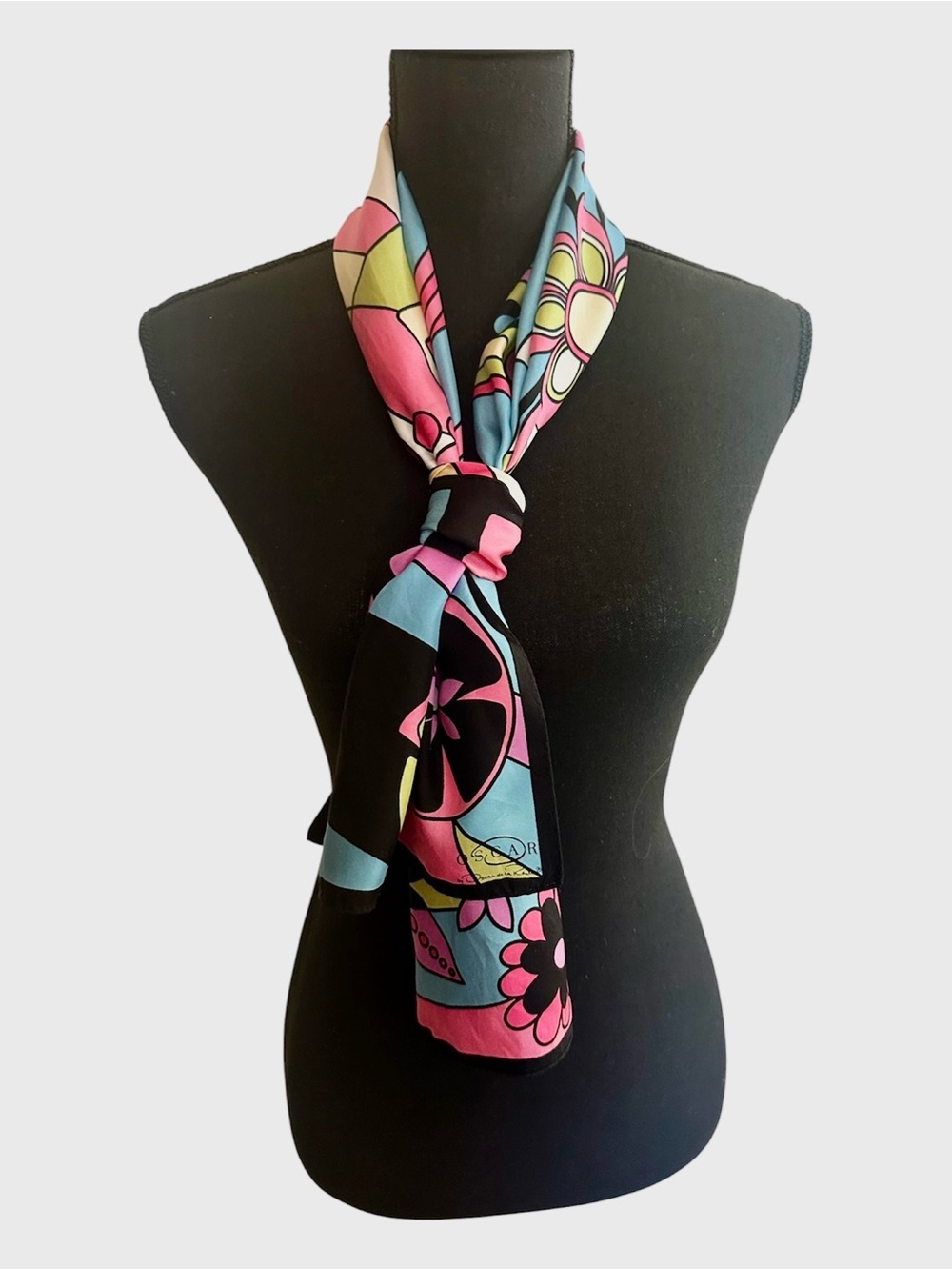 Oscar de la Renta Pink, Blue & Black Floral Silk Scarf
